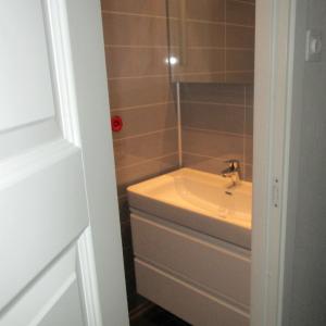 WC-rom: servant med skuffer og overskap med speil sett fra utsiden av rommet.